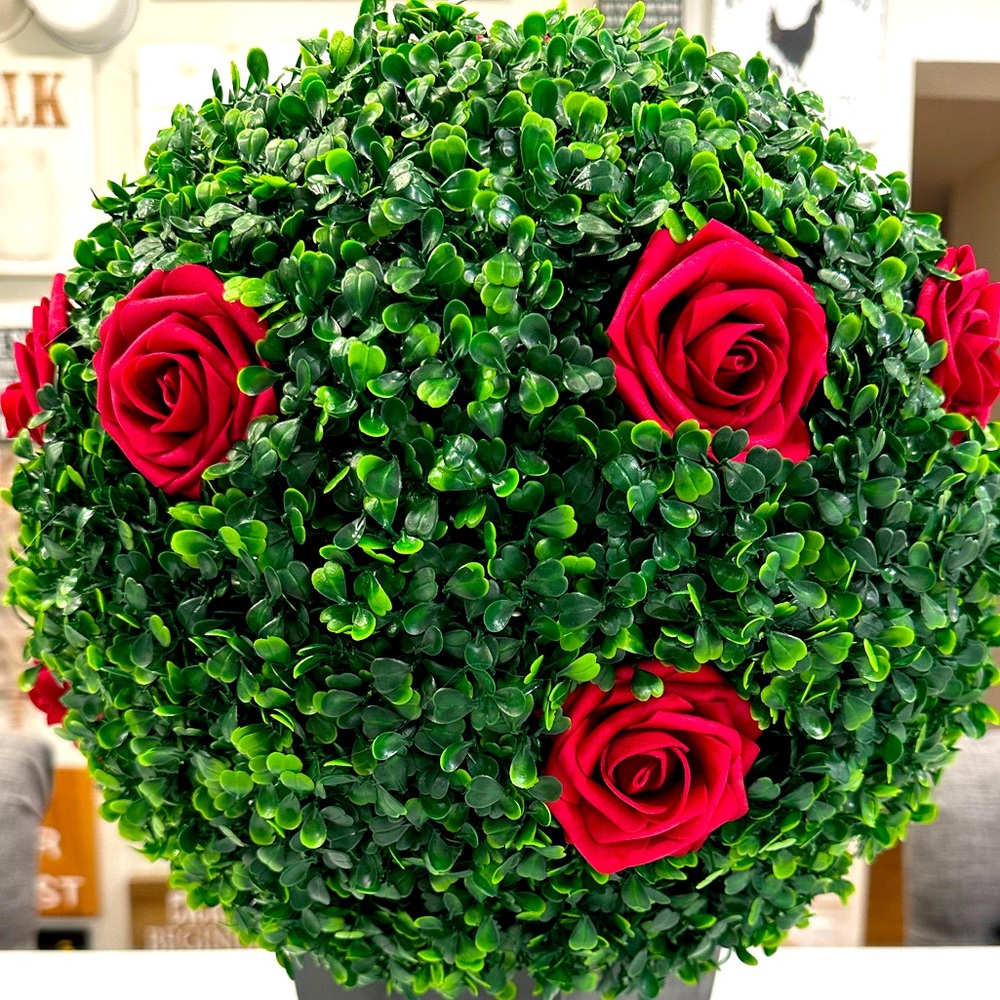 Faux Boxwood Red Rose Topiary - Picture 3 of 7